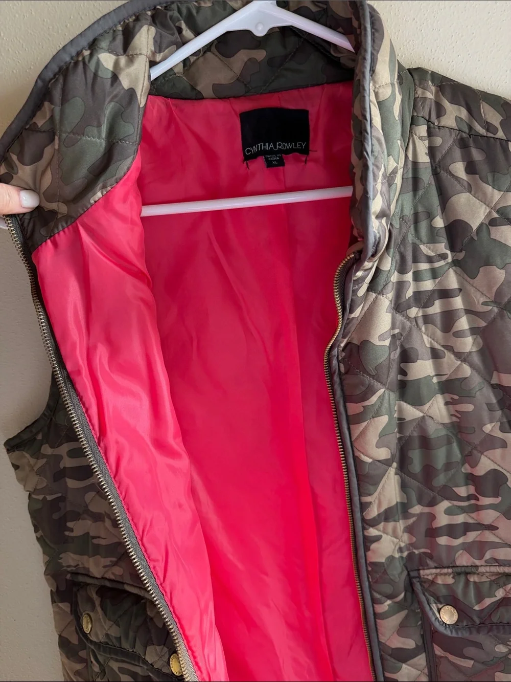 Cynthia Rowley Quilted Camouflage Vest with Pink Lining